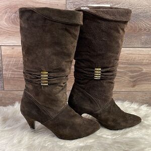 Predictions Ladies Leather Heeled Calf High Boots, Size 7 1/2M, Brown